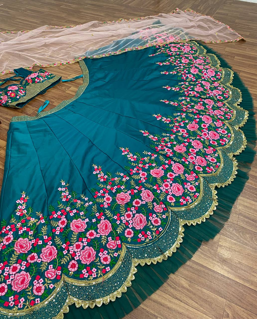 Rama Lehenga Choli In Malai Satin Silk With 3 MM Sequence Work