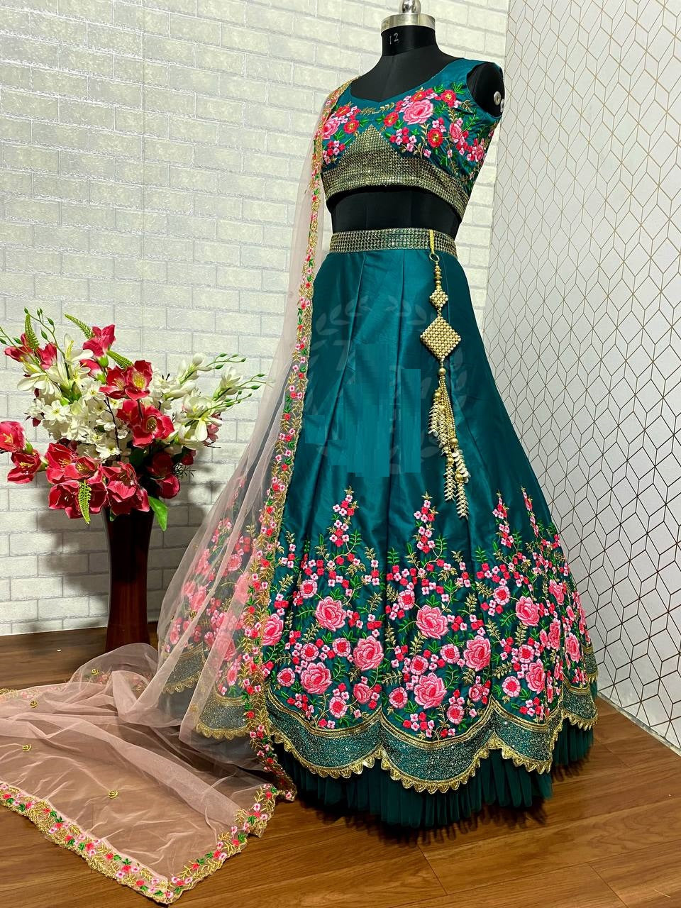 Rama Lehenga Choli In Malai Satin Silk With 3 MM Sequence Work