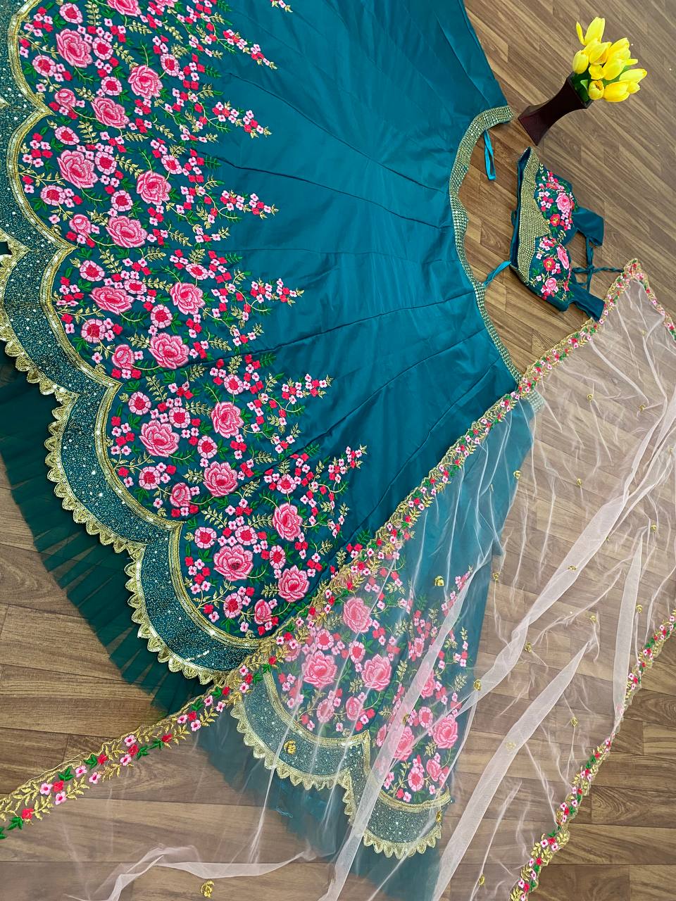 Rama Lehenga Choli In Malai Satin Silk With 3 MM Sequence Work