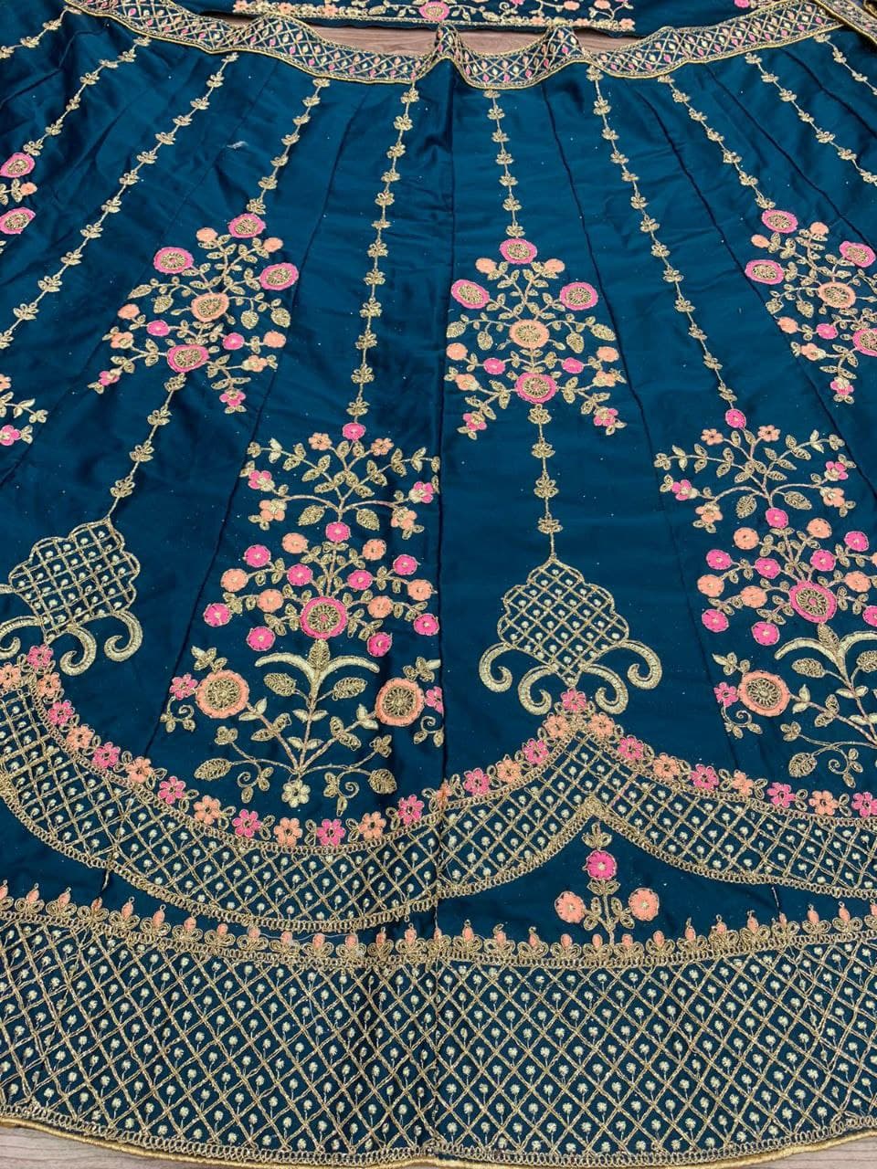 Rama Lehenga Choli In Malai Silk With Embroidery Work