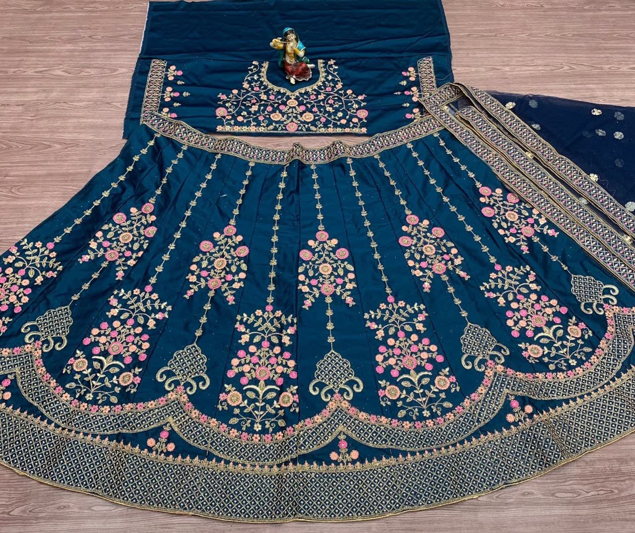 Rama Lehenga Choli In Malai Silk With Embroidery Work