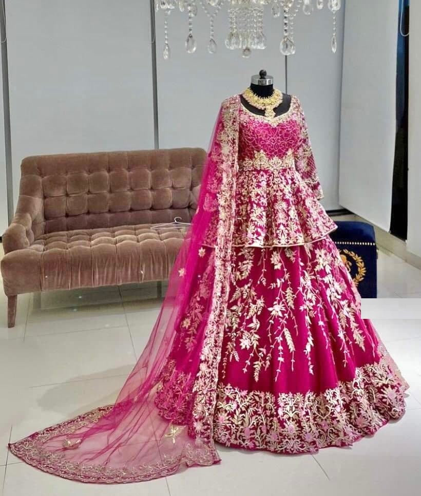 Rani Pink Lehenga Choli In Malai Satin Silk With Multi Needle Work