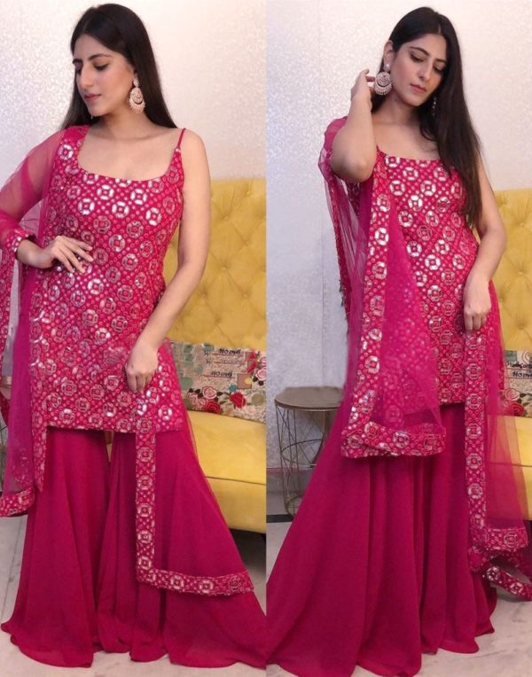 Rani Pink Salwar Suit In Georgette Silk With Foil Paper Mirror Work