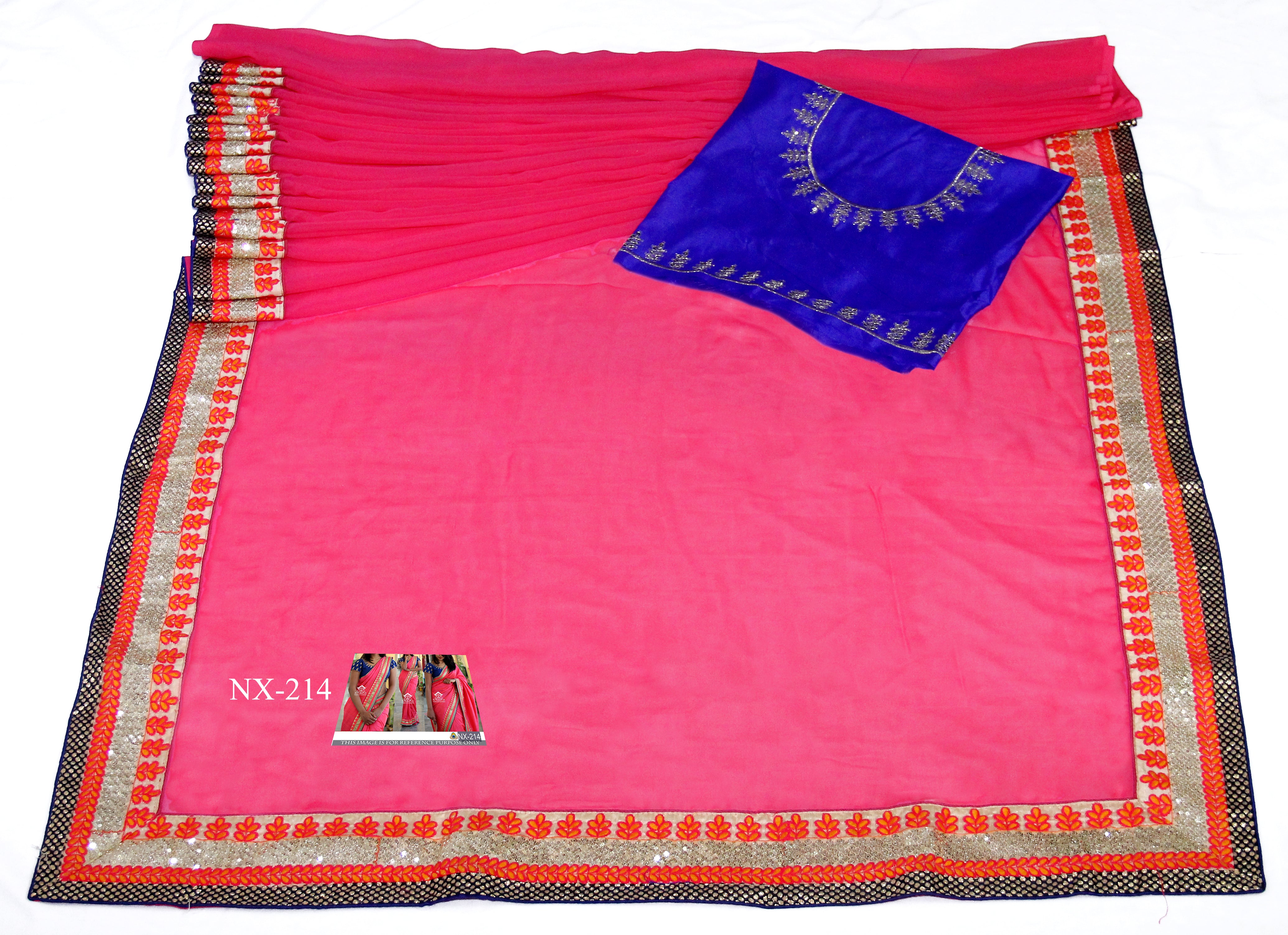 Rani Pink Saree In 60 GM Georgette With Fancy Thread Work