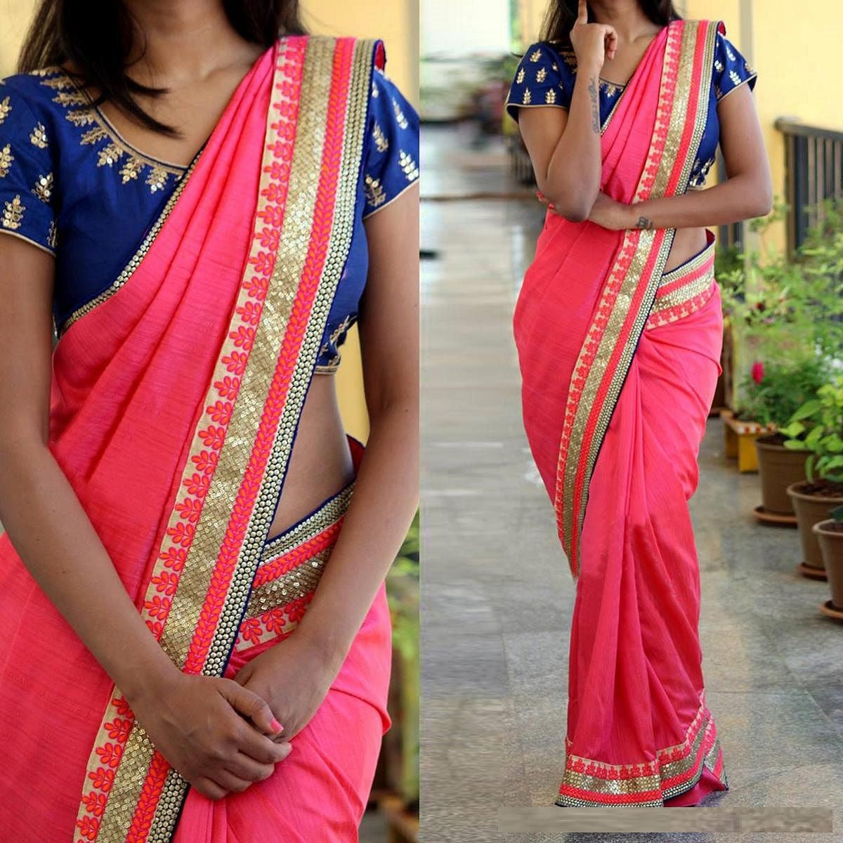 Rani Pink Saree In 60 GM Georgette With Fancy Thread Work