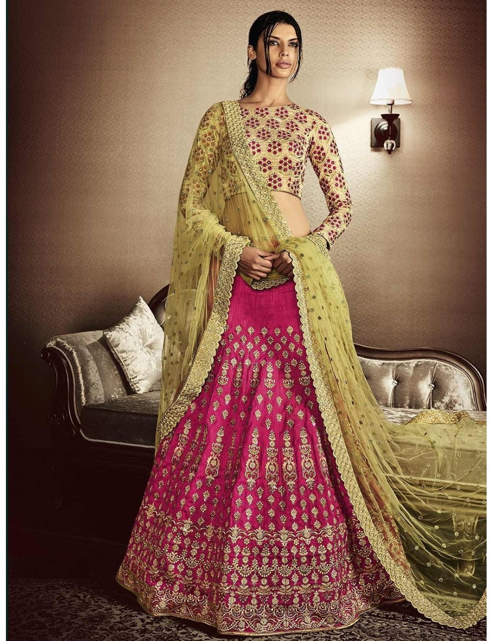 Rani Pink Lehenga Choli In Benglori Silk With Fancy Thread Work