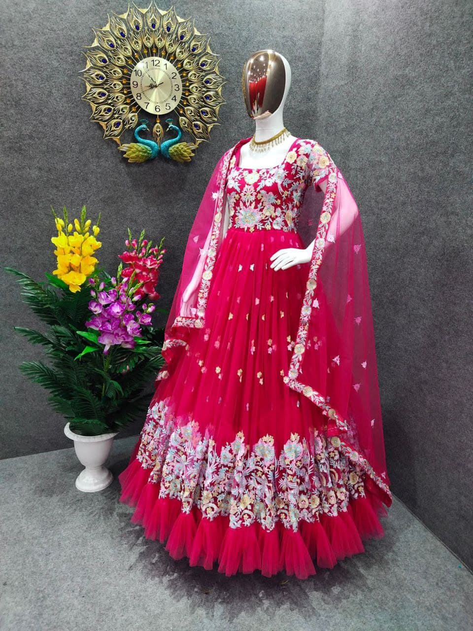 Rani Pink Salwar Suit In Butterfly Mono Net With Embroidery Work