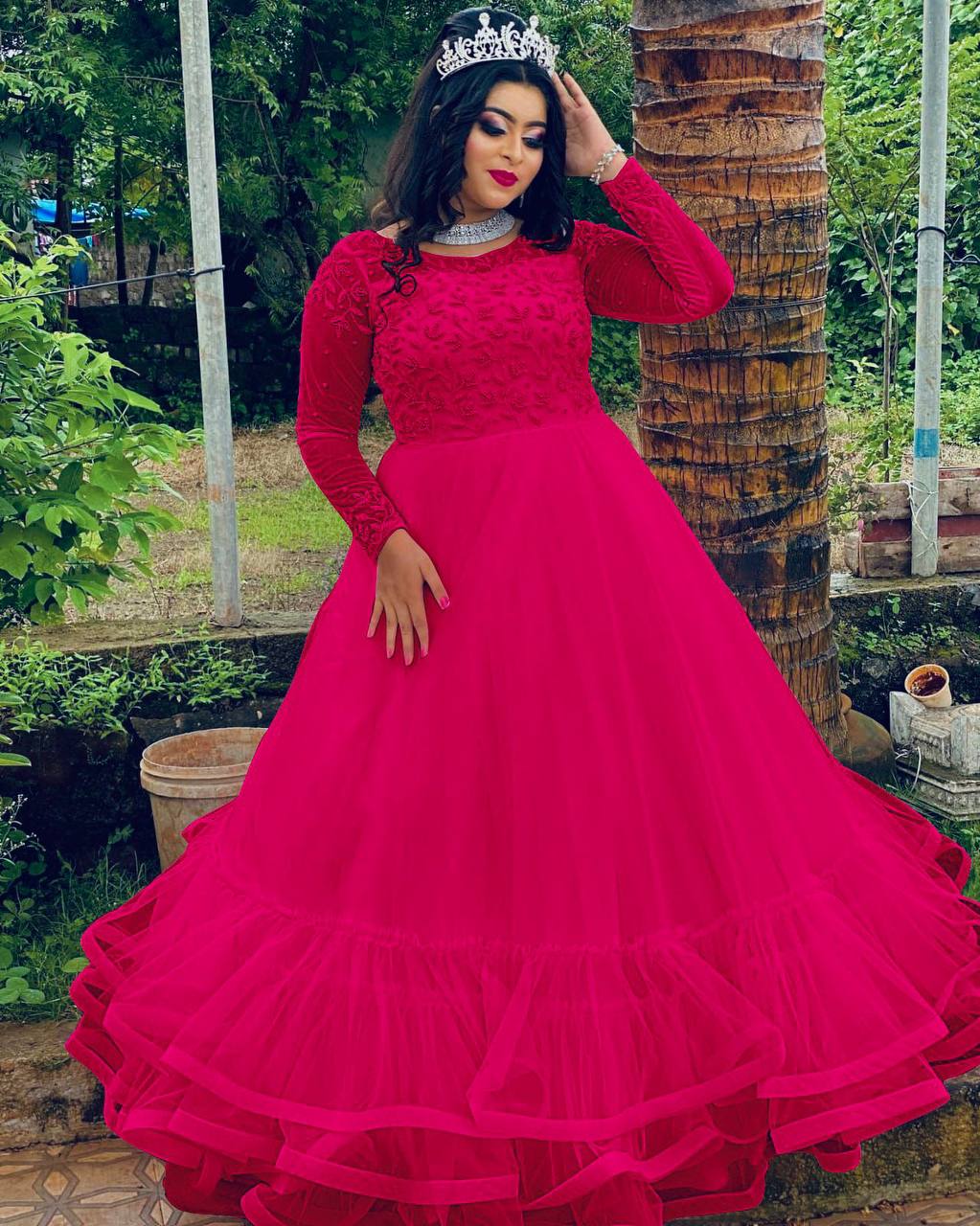 Rani Pink Long Embroidered Gown with Embroidered Belt - Kalki Fashion-  Fabilicious Fashion