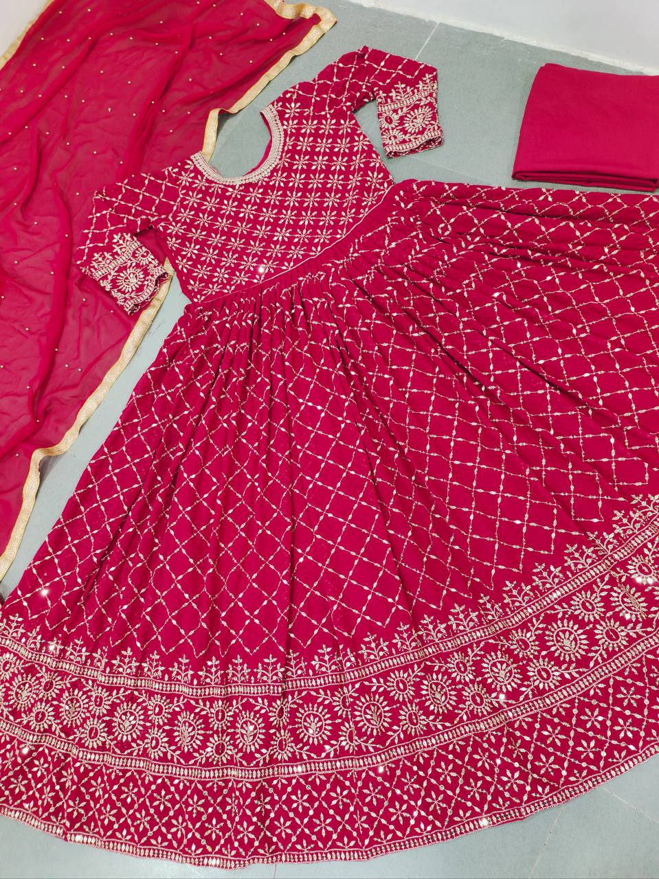 Rani Pink Gown In Faux Georgette With Heavy Sequence Embroidery Work