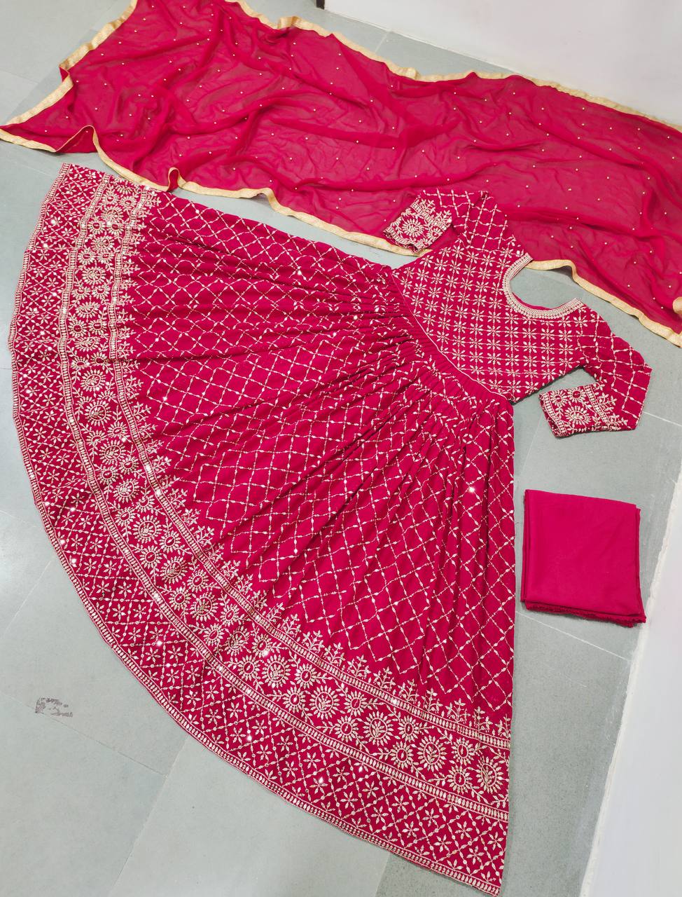 Rani Pink Gown In Faux Georgette With Heavy Sequence Embroidery Work