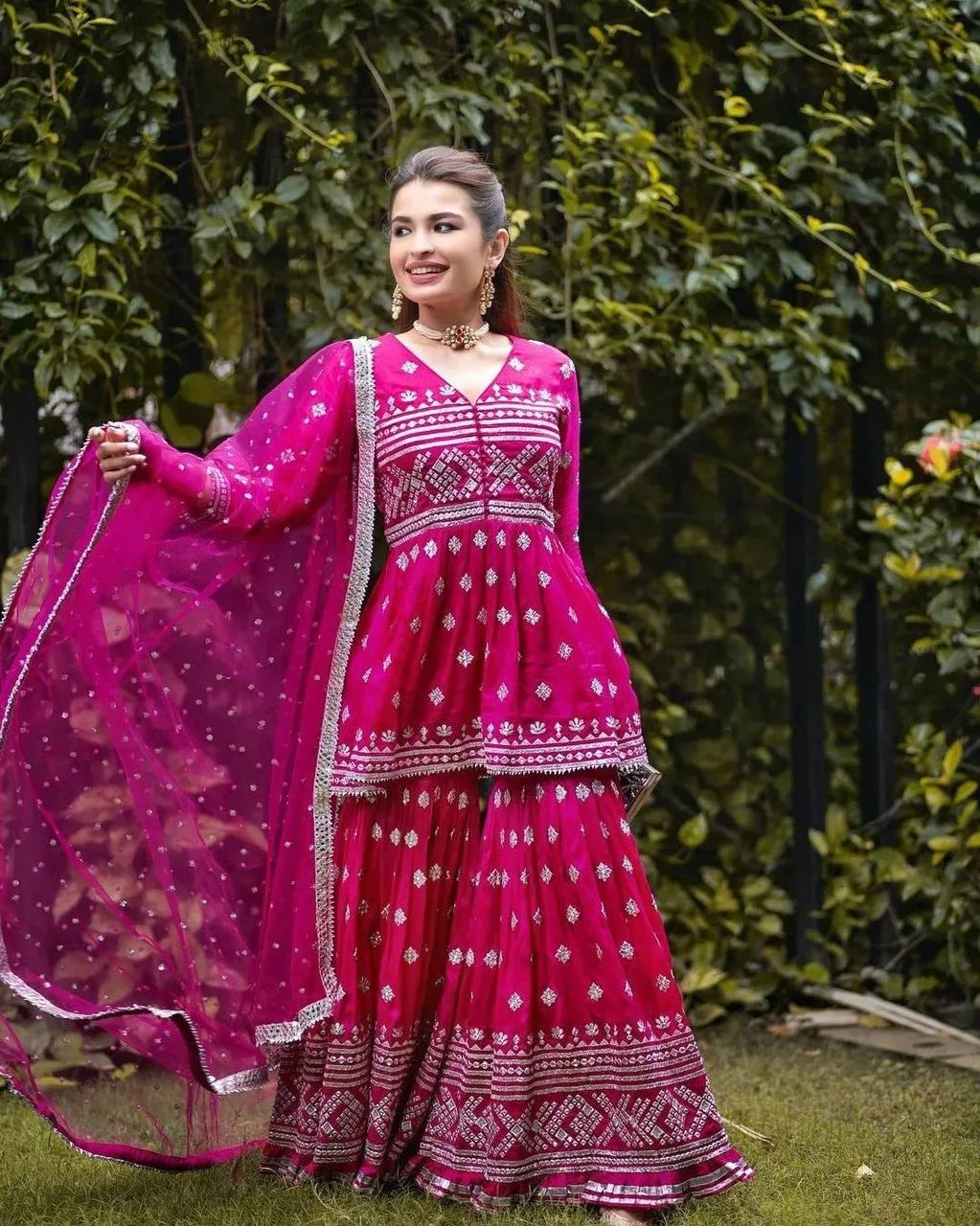 Rani Pink Sharara Suit In Fox Georgette With Embroidery Work