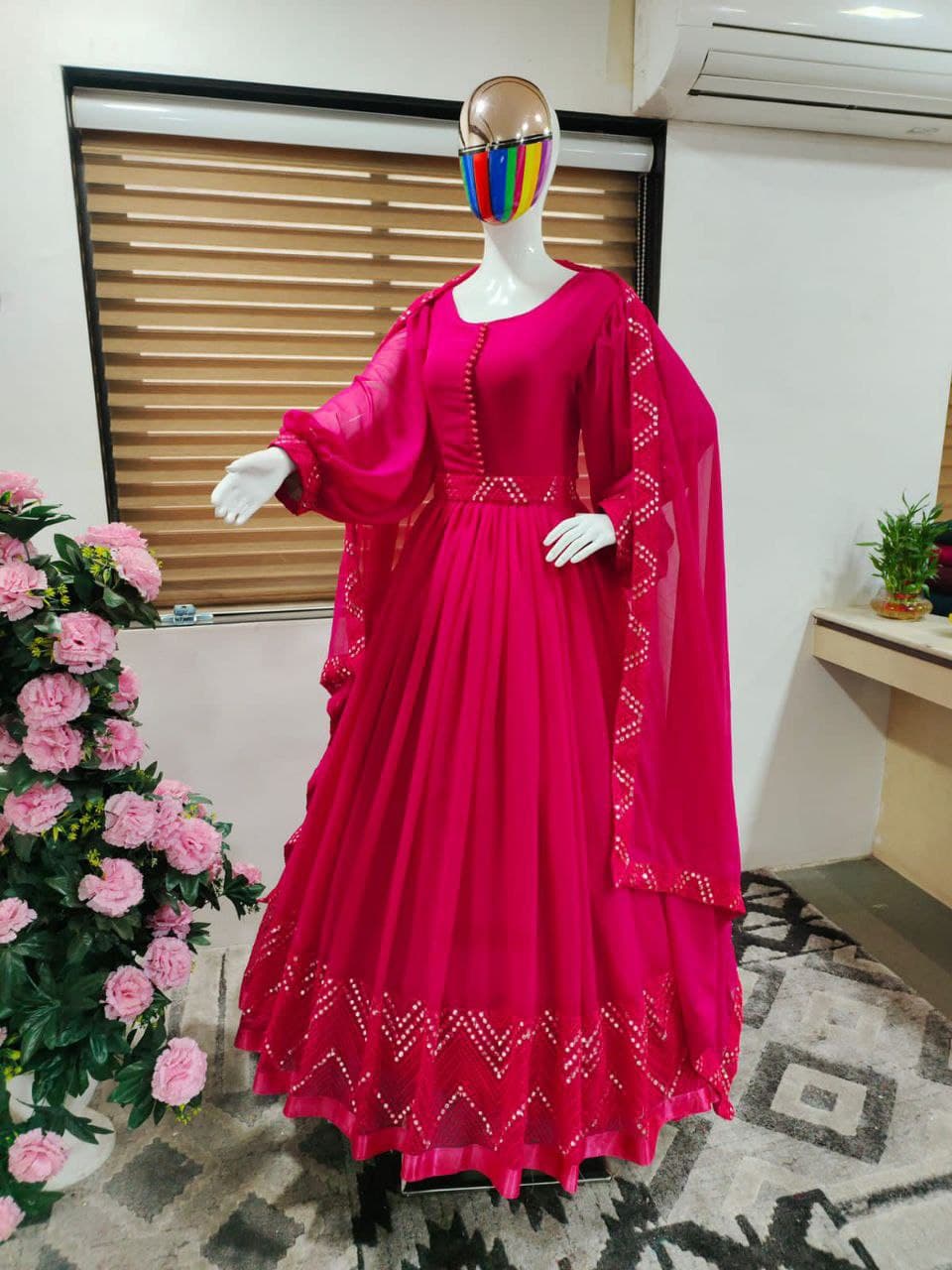 Rani Pink Georgette Mirror Embroidery Work Gown With Fancy Belt