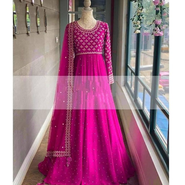 Rani Pink Anarkali Suit In Georgette Silk With Embroidery Work