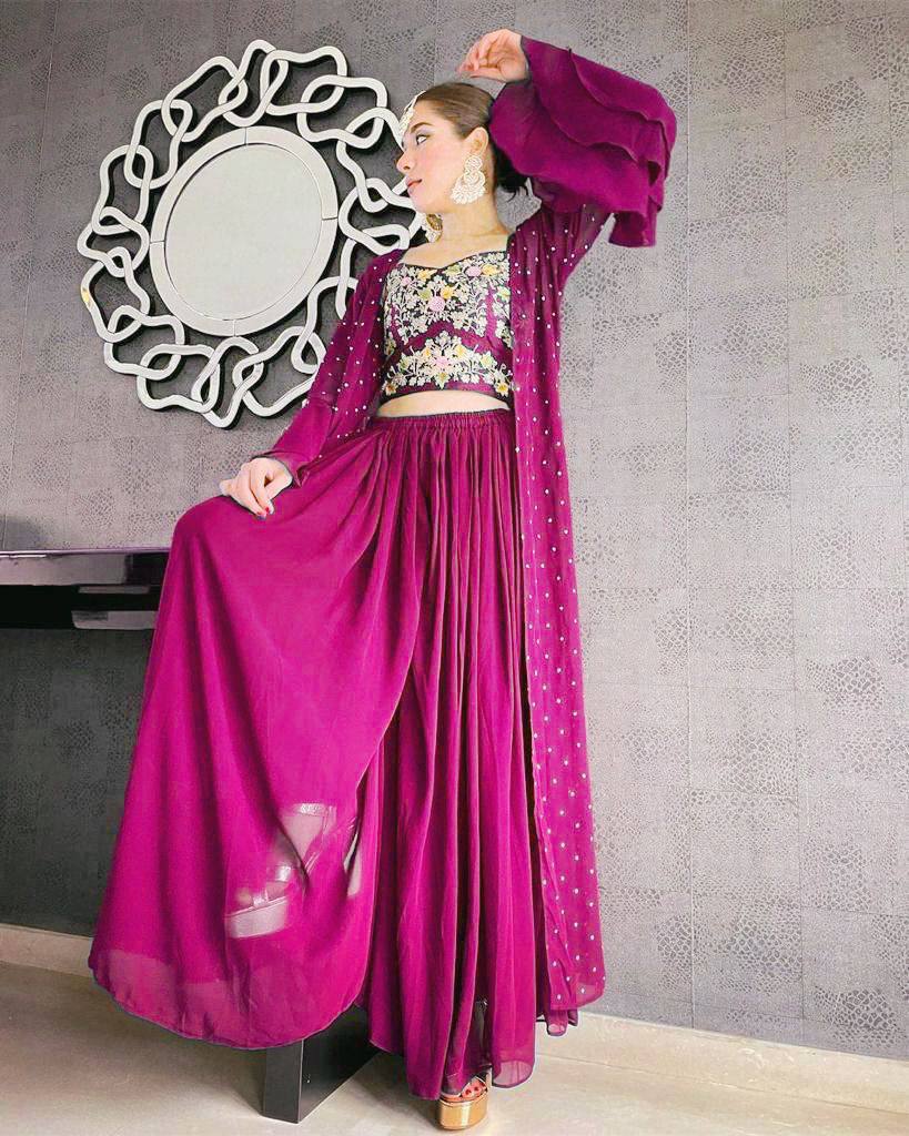 Rani Pink Palazzo Suit In Georgette Silk With Embroidery Work