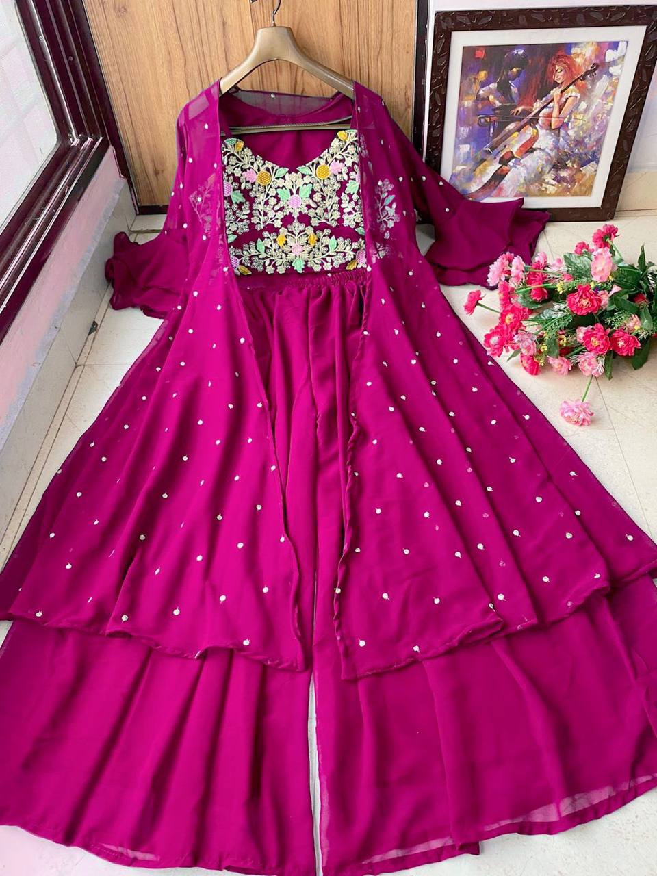 Rani Pink Palazzo Suit In Georgette Silk With Embroidery Work