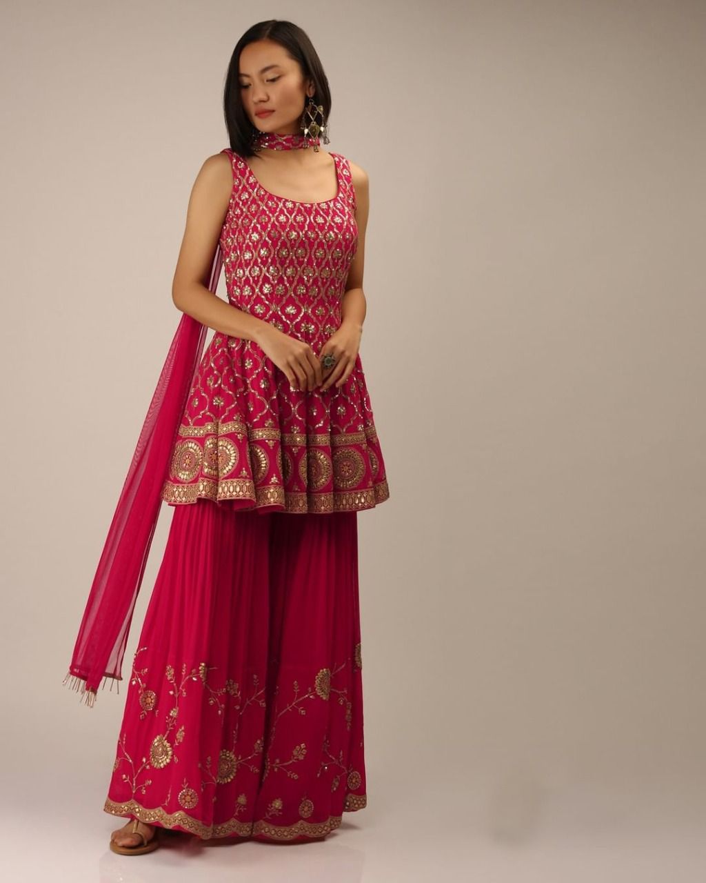 Rani Pink Sharara Suit In Georgette Silk With Embroidery Work