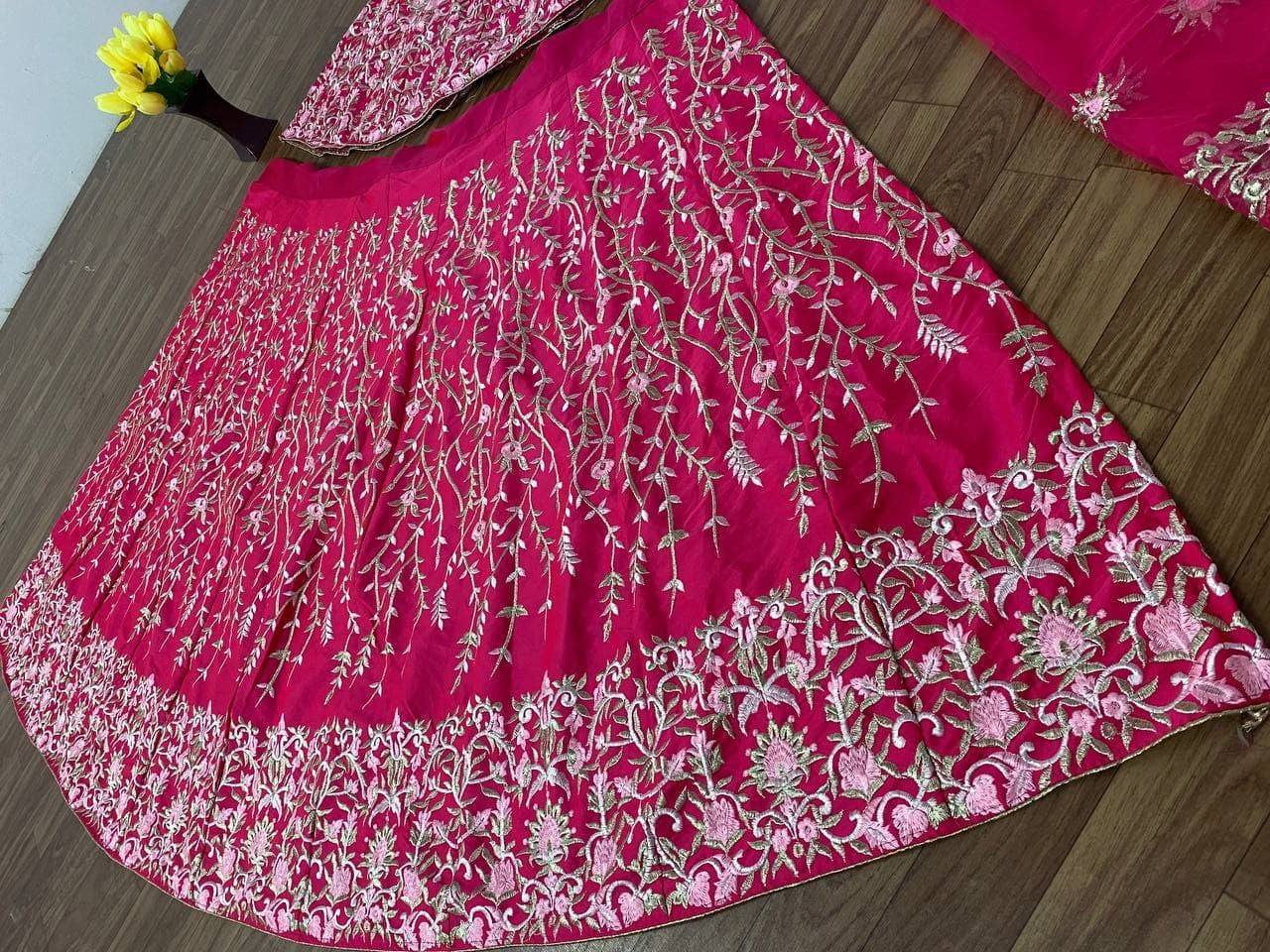 Rani Pink Lehenga Choli In Malai Satin Silk With Multi Needle Work