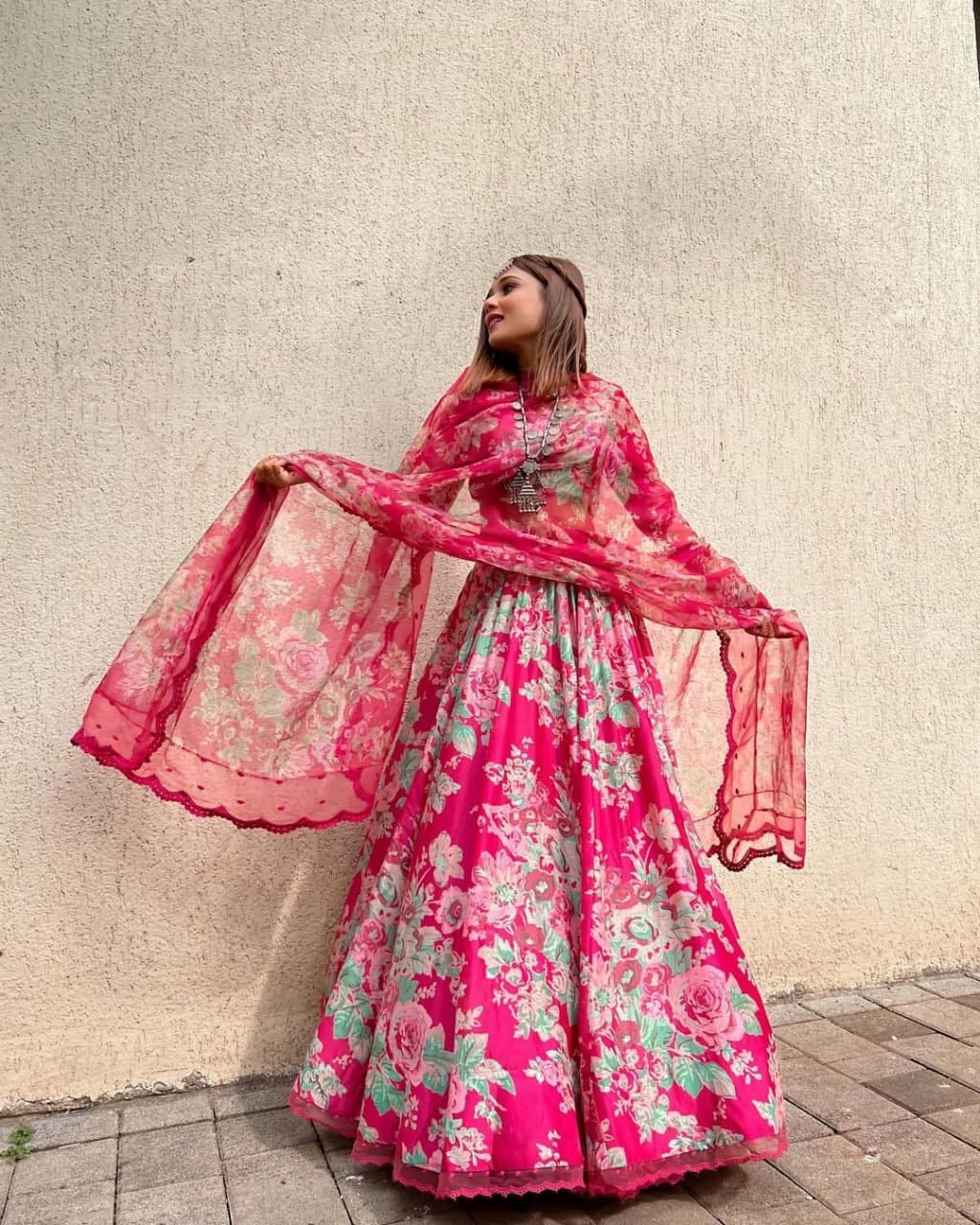 Rani Pink Lehenga Choli In Organza Silk With Digital Print