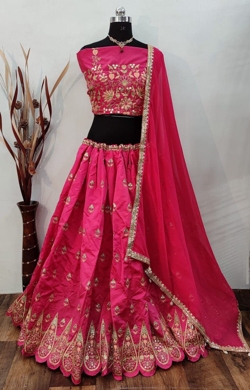 Rani Pink Lehenga Choli In Taffeta Silk With Thread Embroidery Work