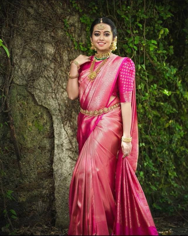 Buy Rani Pink Satin Silk Banarasi Weave Saree With Unstitched Blouse Piece