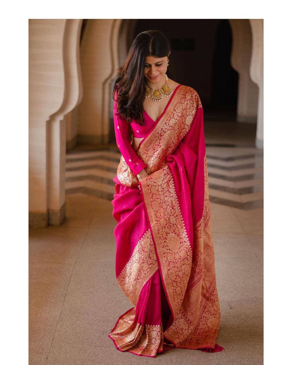 Rani Pink Lichi Silk Banarasi Saree With Blouse