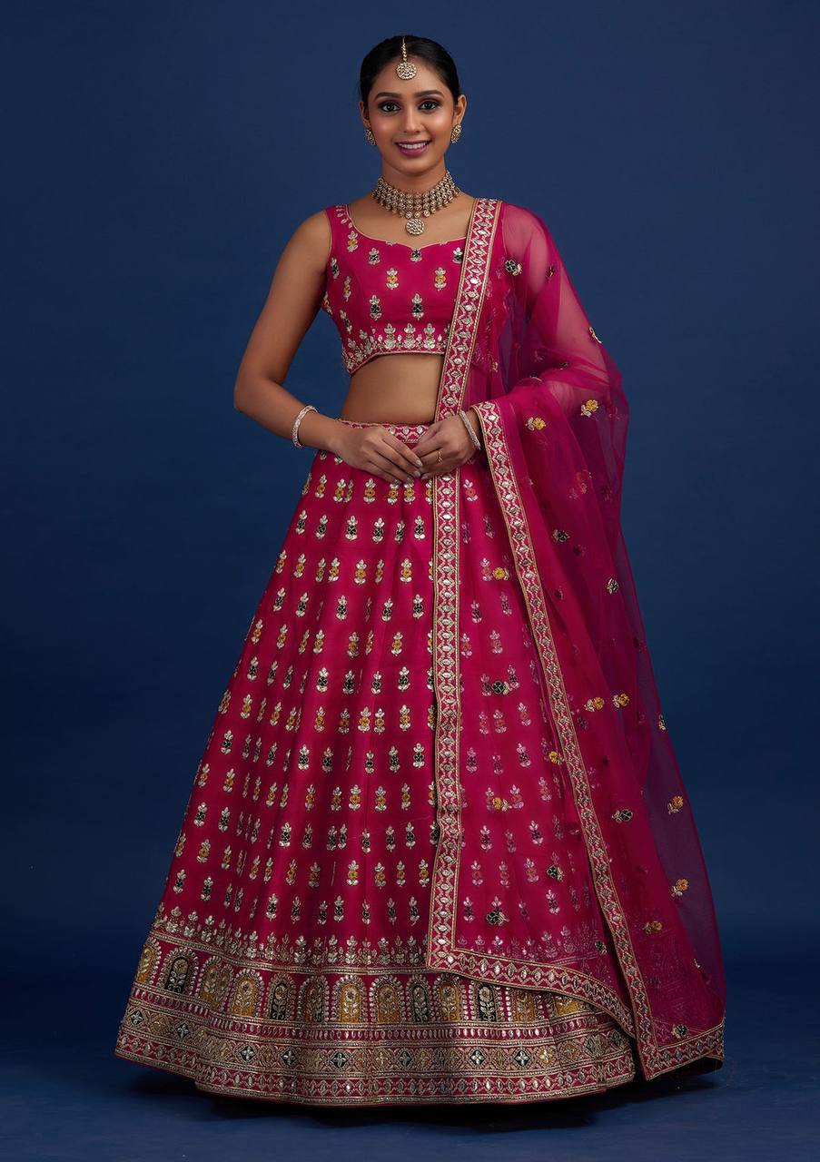 Rani Pink Lehenga Choli In Malai Satin Silk With Embroidery Work