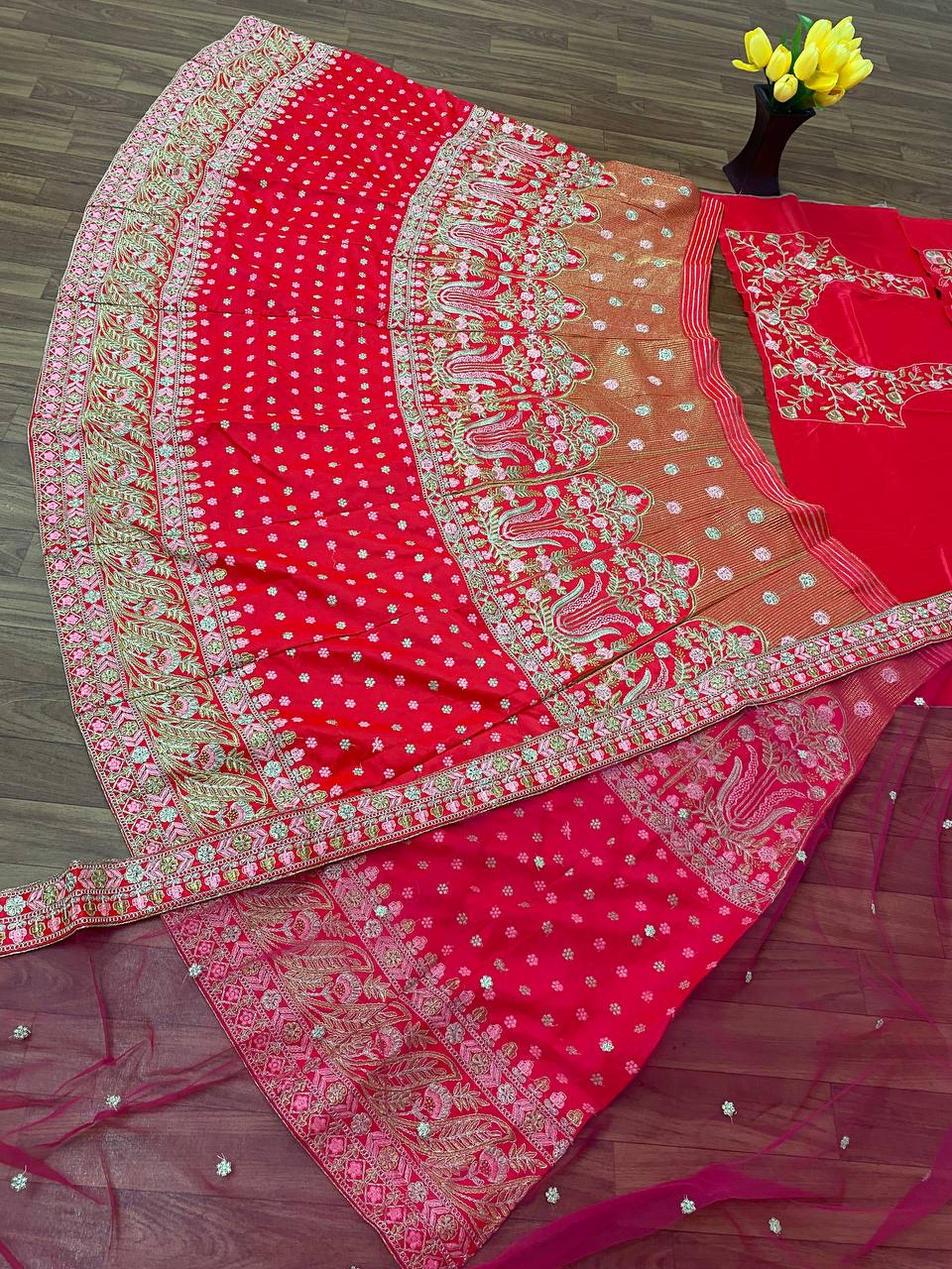 Rani Pink Lehenga Choli In Malai Satin Silk With Embroidery Work