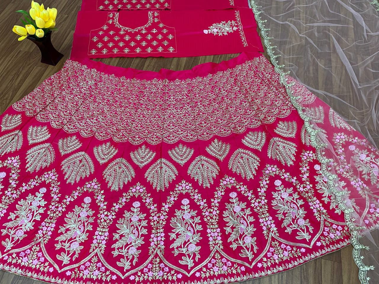 Rani Pink Lehenga Choli In Malai Satin Silk With Embroidery Work