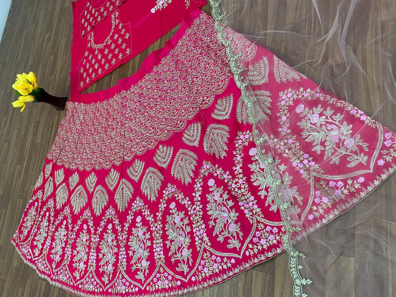 Rani Pink Lehenga Choli In Malai Satin Silk With Embroidery Work