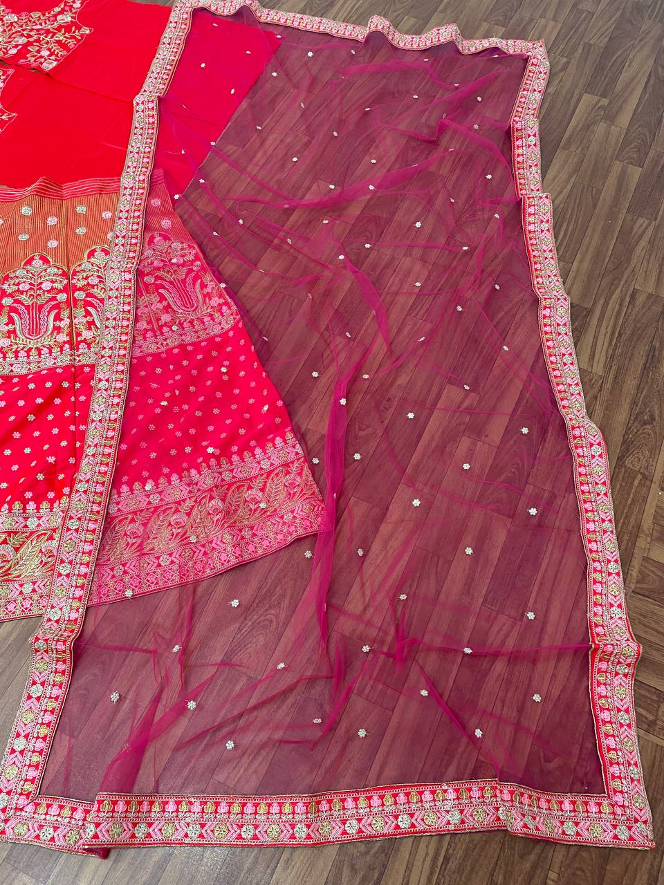 Rani Pink Lehenga Choli In Malai Satin Silk With Embroidery Work