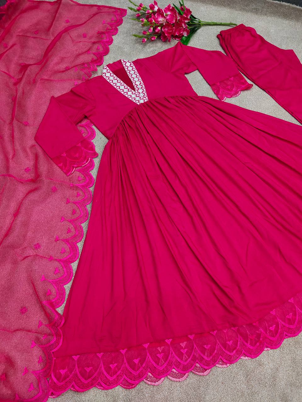 Rani Pink Anarkali Suit In Maska Cotton Silk With Embroidery Work