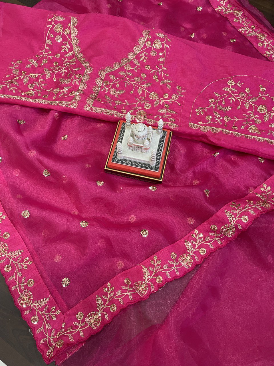 Rani Pink Saree In Organza Silk With Embroidery Work