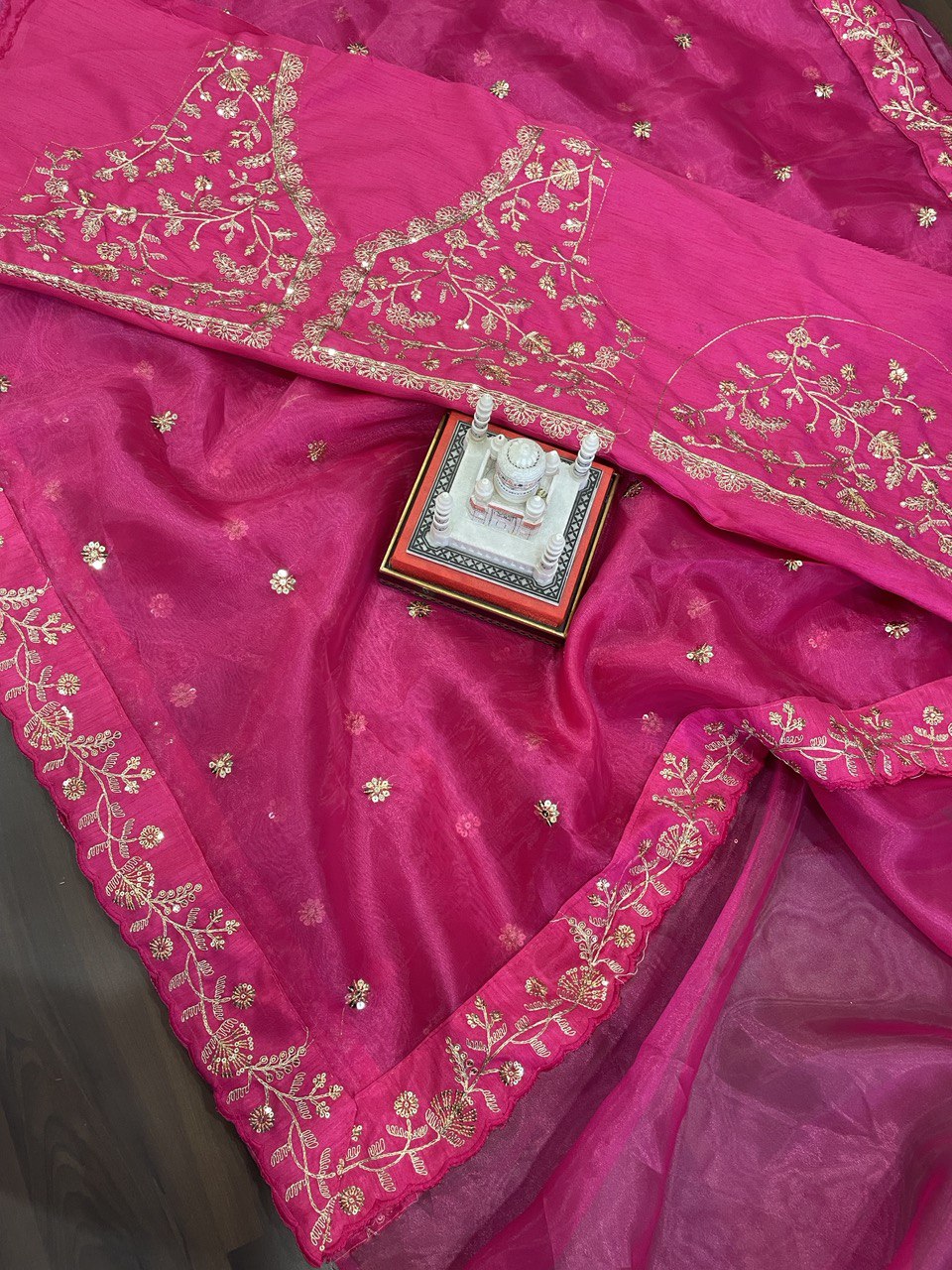 Rani Pink Saree In Organza Silk With Embroidery Work