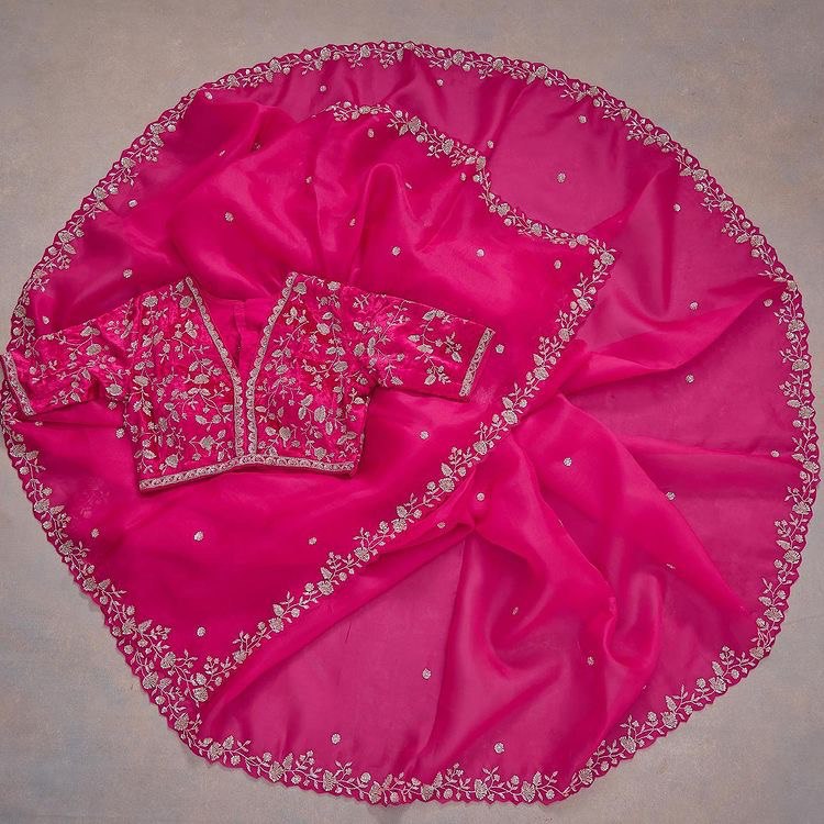 Rani Pink Saree In Organza Silk With Embroidery Work