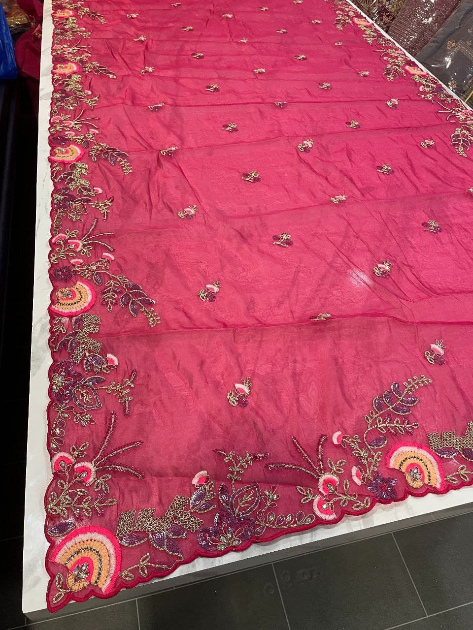 Rani Pink Saree In Organza Silk With Thread Work