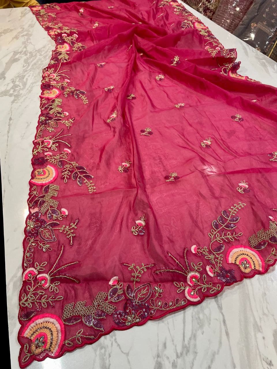 Rani Pink Saree In Organza Silk With Thread Work