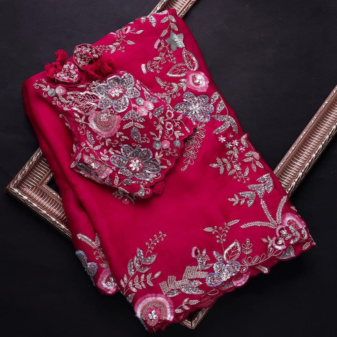 Rani Pink Saree In Organza Silk With Thread Work