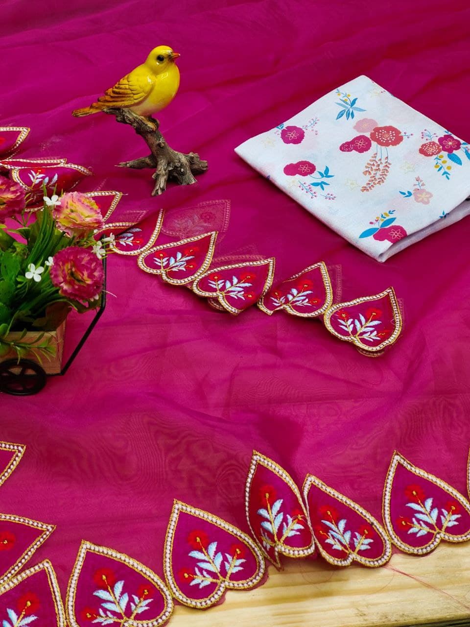 Rani Pink Saree In Organza Silk With Thread Work