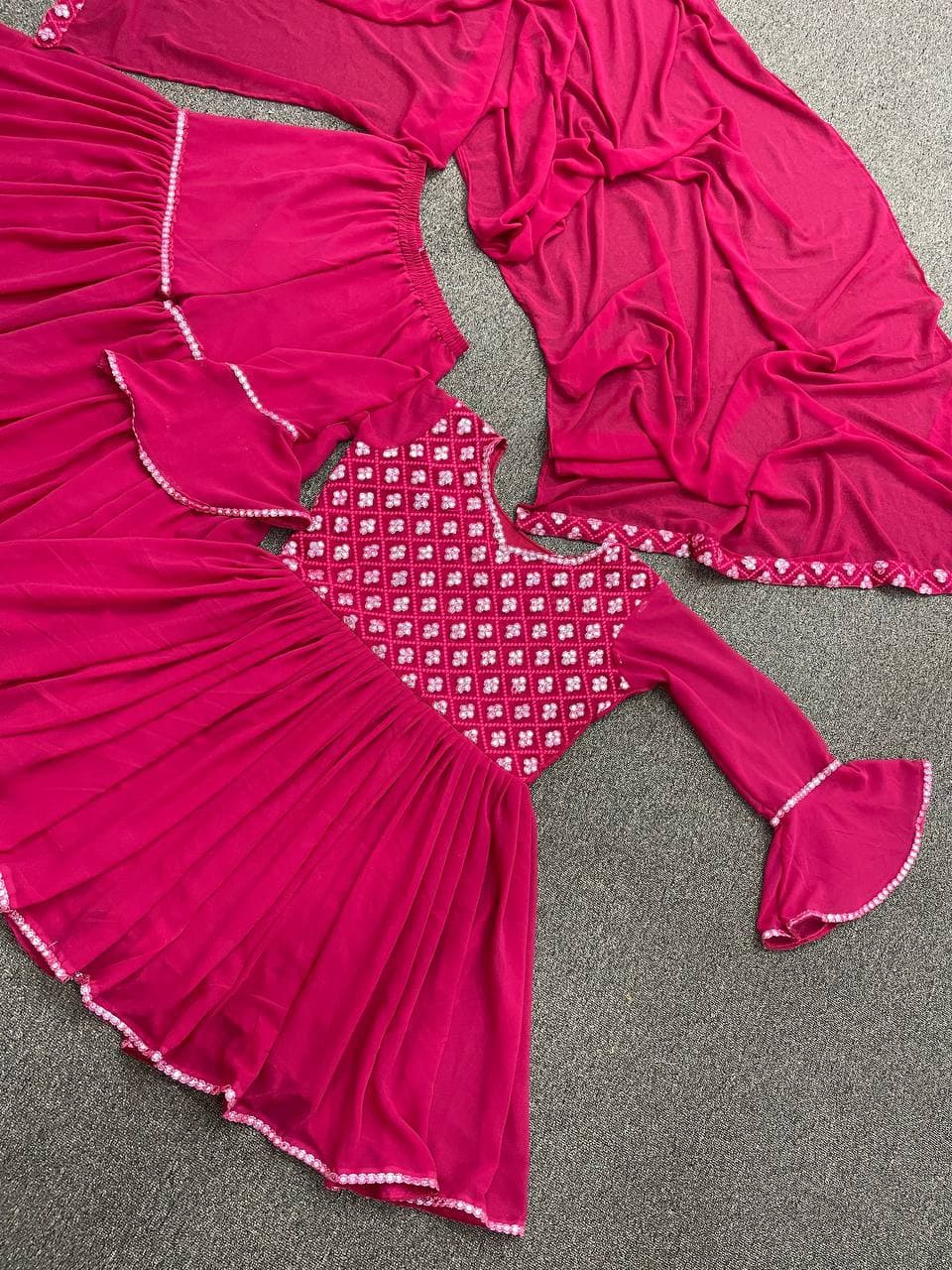 Rani Pink Salwar Suit In Fox Georgette With Paper Mirror Work