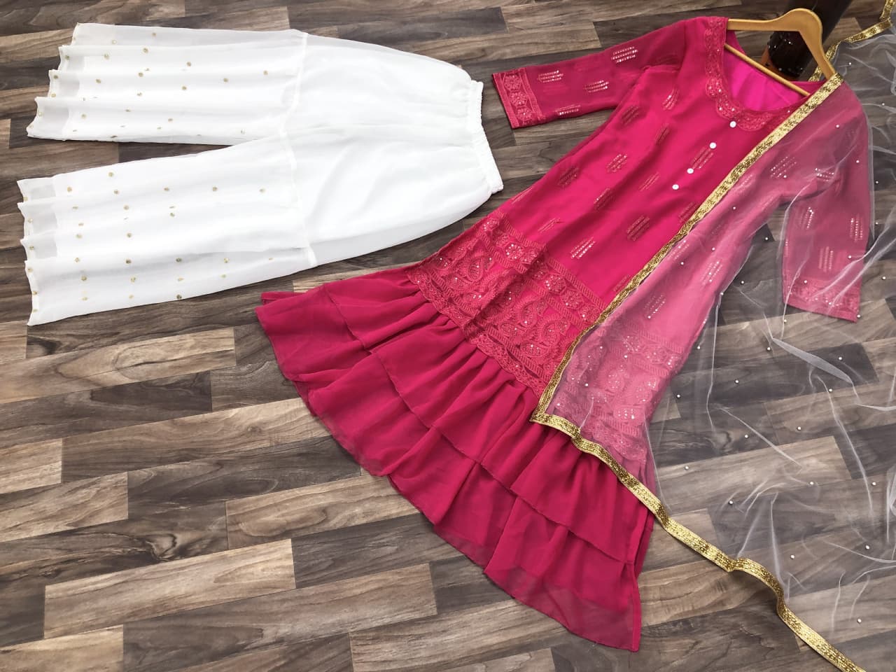 Rani Pink Salwar Suit In Georgette Silk With Chikankari Embroidery Work