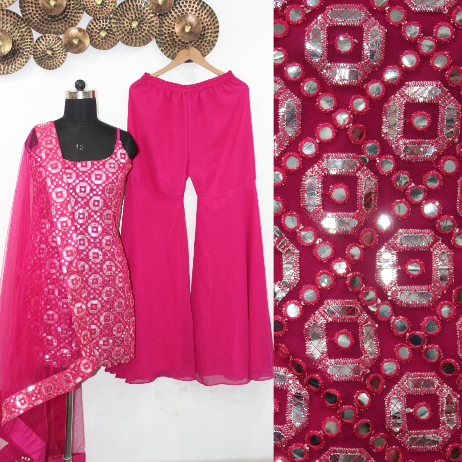 Rani Pink Salwar Suit In Georgette Silk With Foil Paper Mirror Work