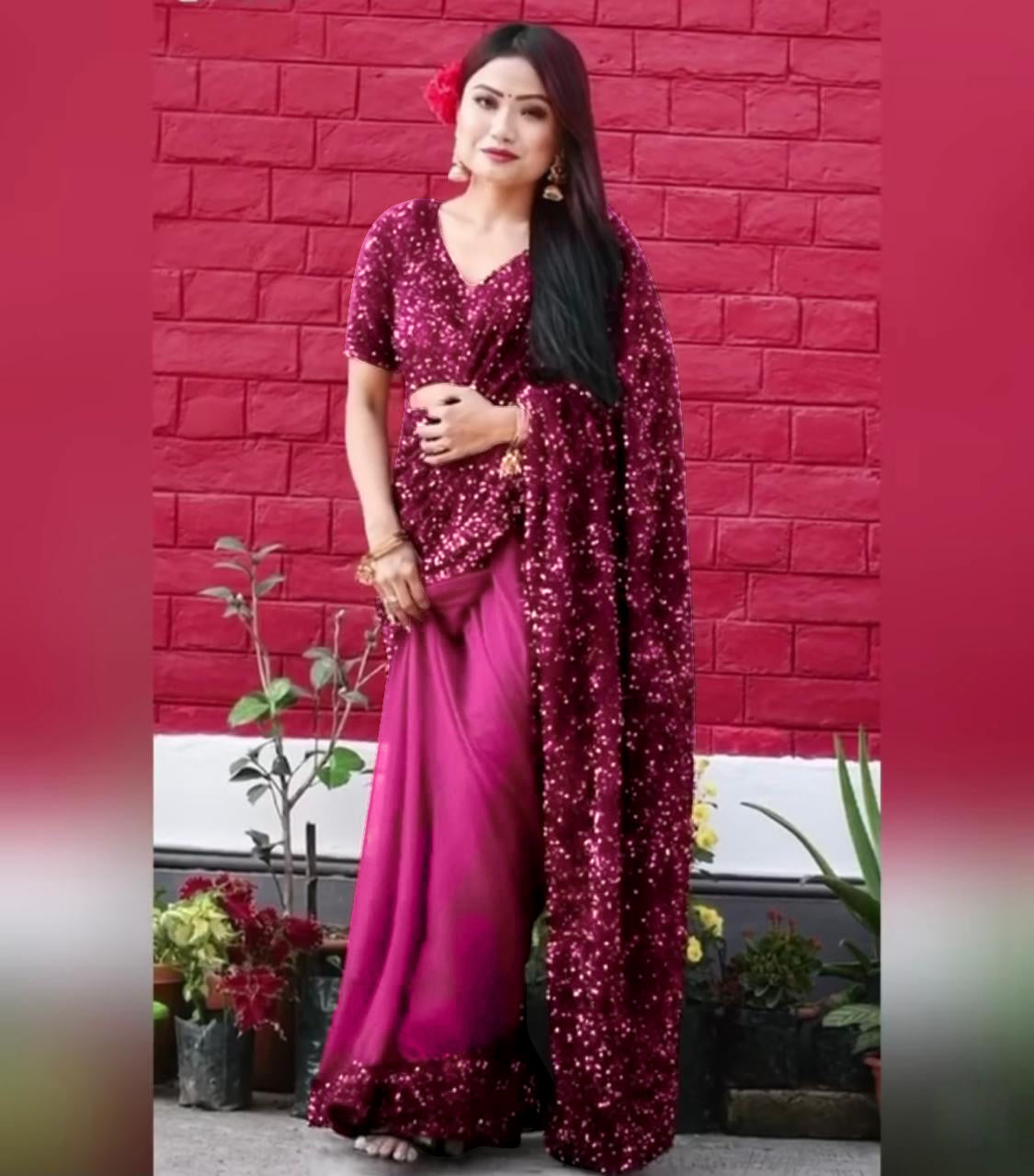 Rani Pink Saree In Georgette Nylon Mono Net With Full Sequence Work