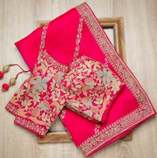 Rani Pink Saree In Susitra Silk With Thread Embroidery Work