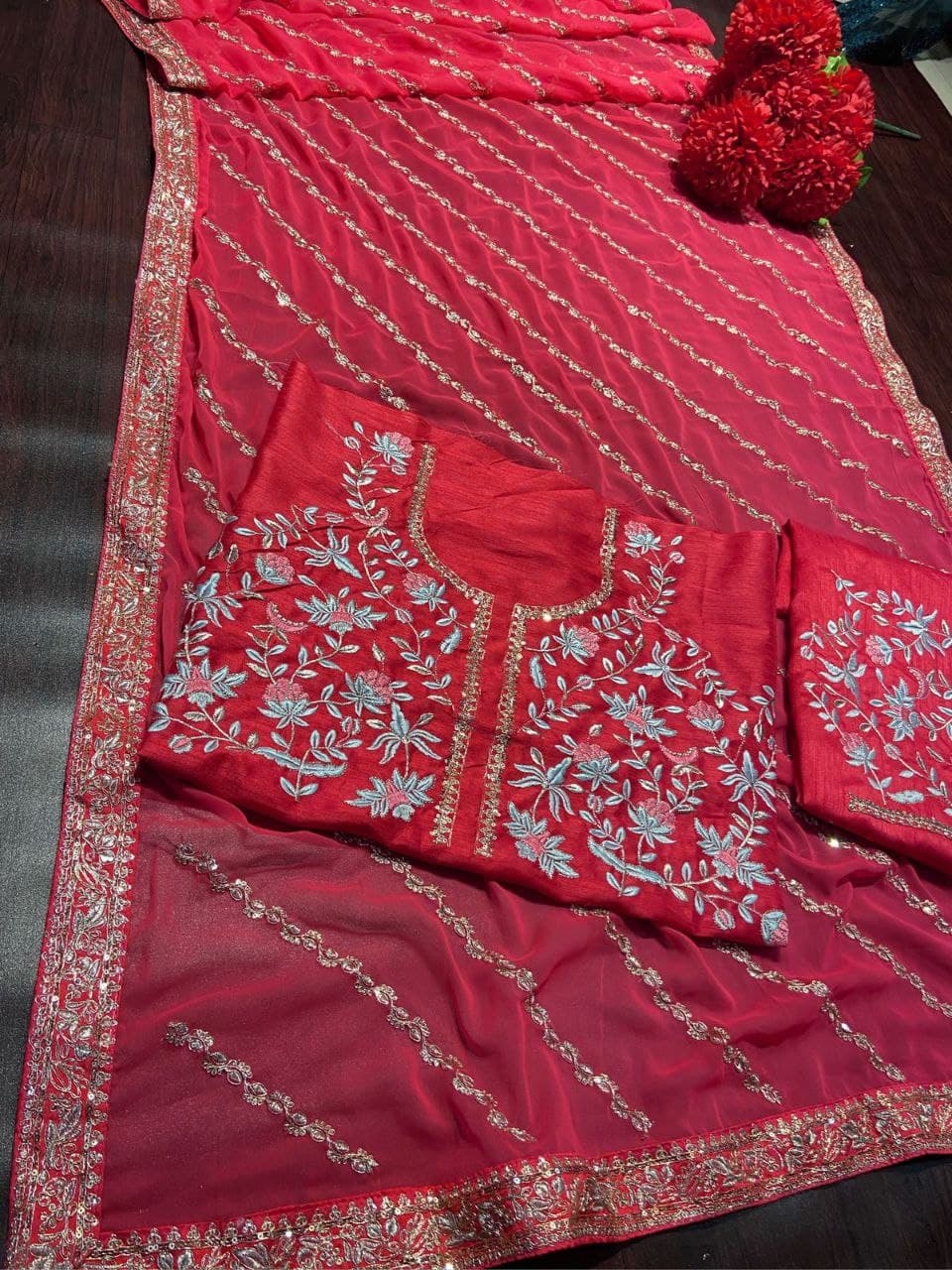 Rani Pink Saree In Susitra Silk With Thread Embroidery Work