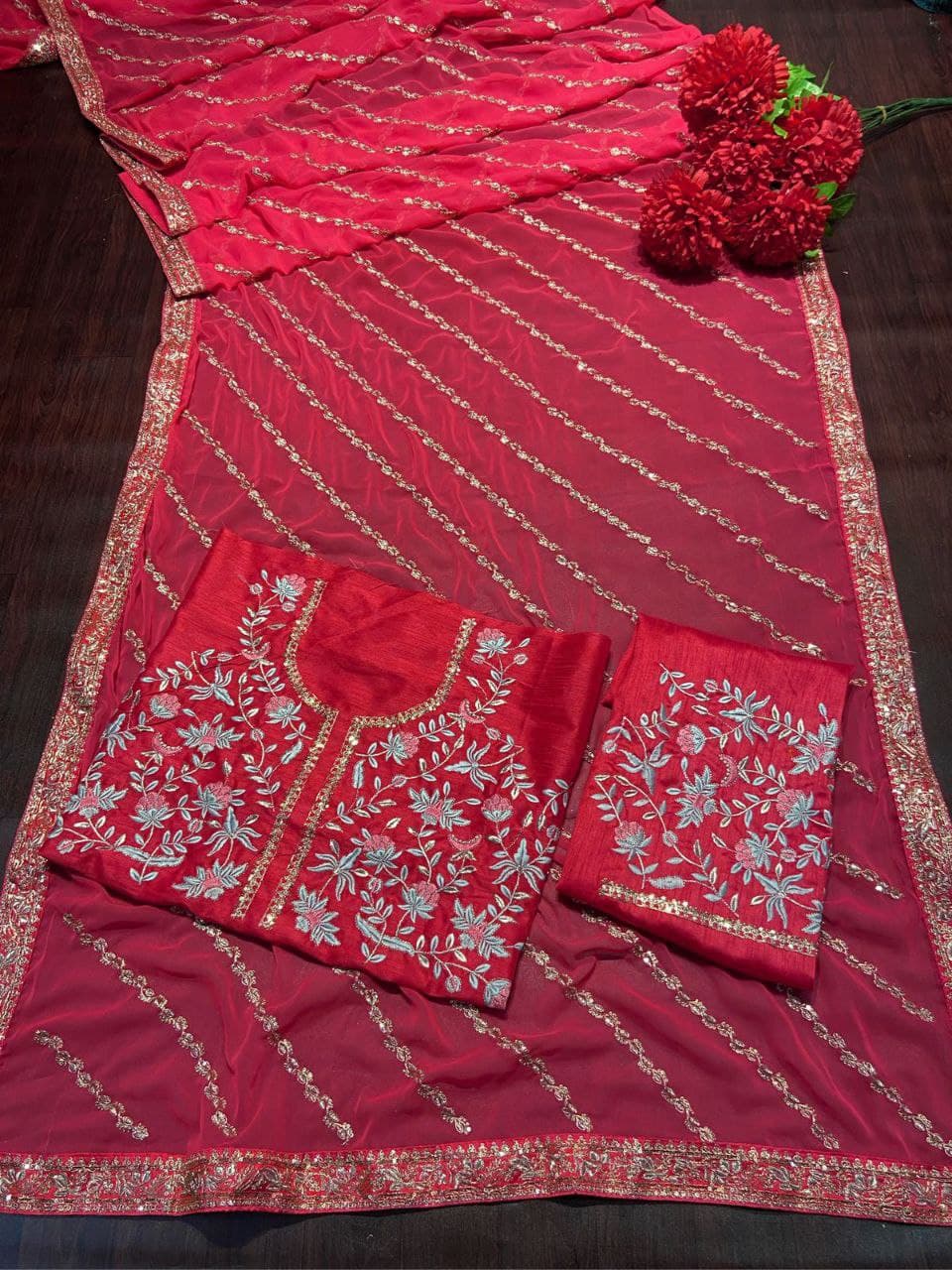 Rani Pink Saree In Susitra Silk With Thread Embroidery Work