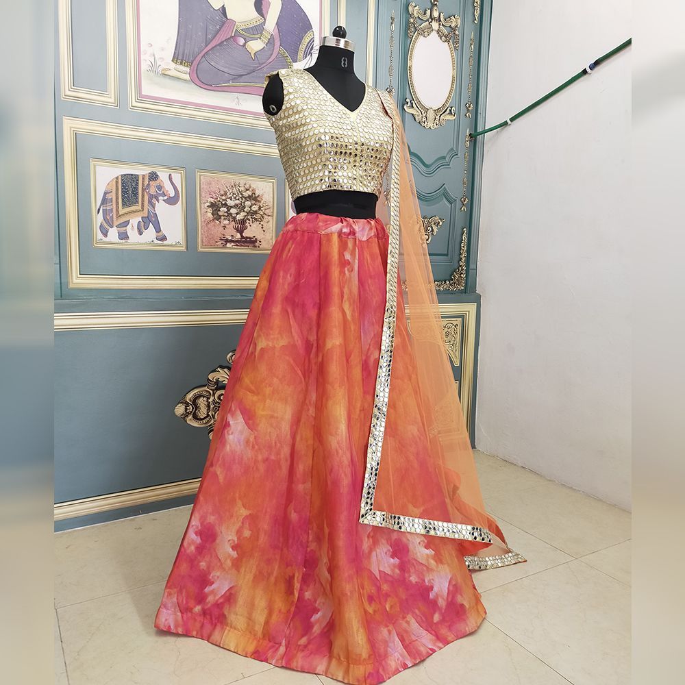 Rani Pink & Orange Lehenga Choli In Heavy Slub Silk With Digital Print
