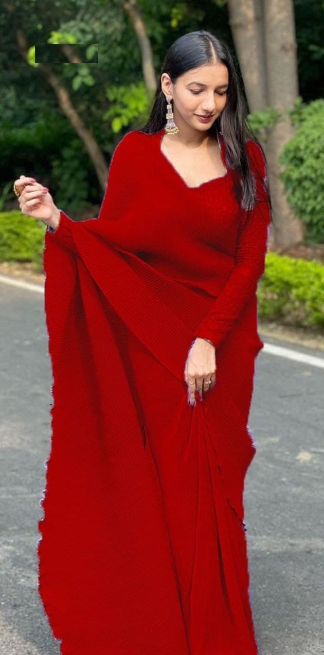 Red Saree In Fox Georgette With Crush Pleated