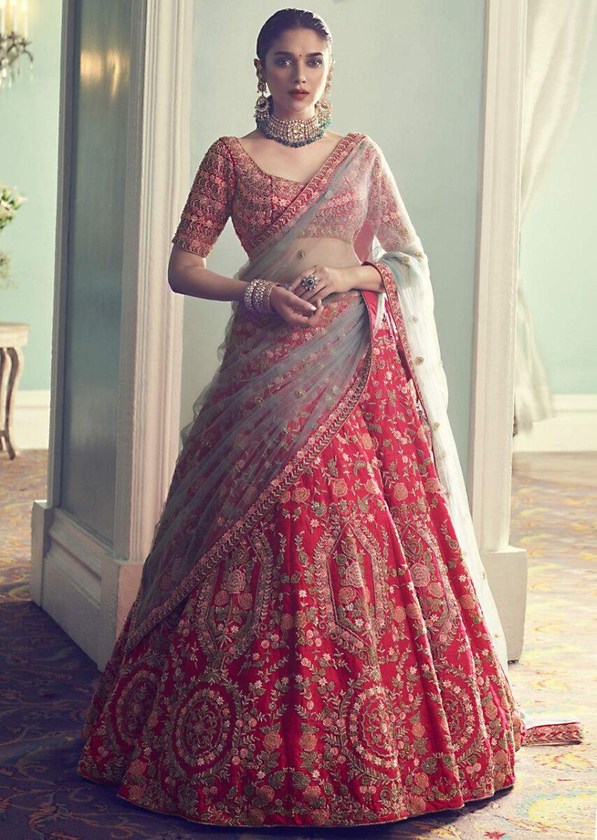 Red Lehenga Choli In Malai Satin Silk With Embroidery Work