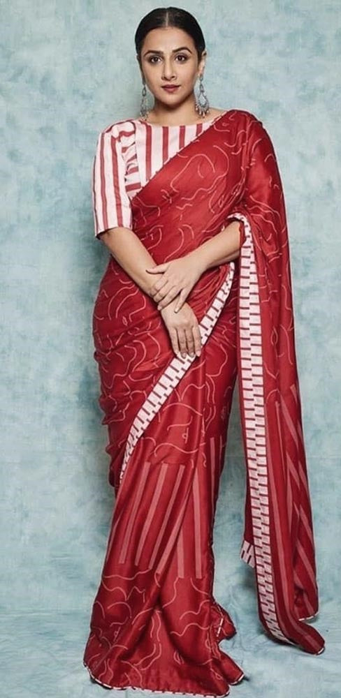 Red Saree In Paper Silk With Digital Printed