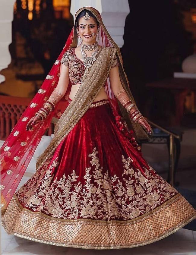 Red Lehenga Choli In Velvet With Embroidery Work